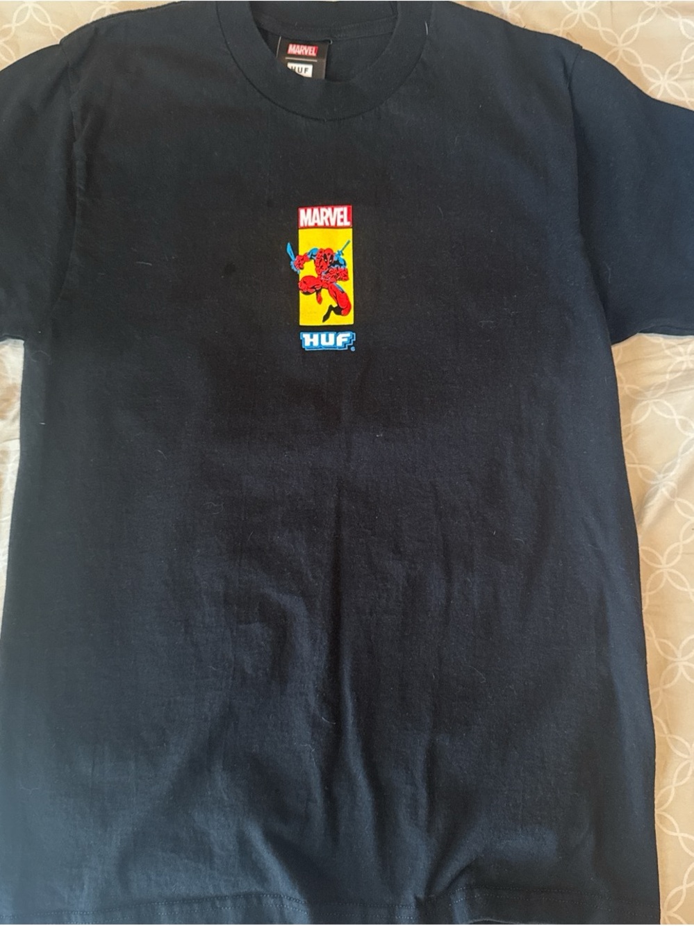 HUF Black Short Sleeve Tee with Red & Yellow Spider-Man Graphic